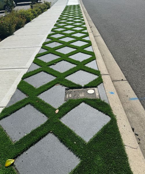 A sidewalk that has grass growing on it